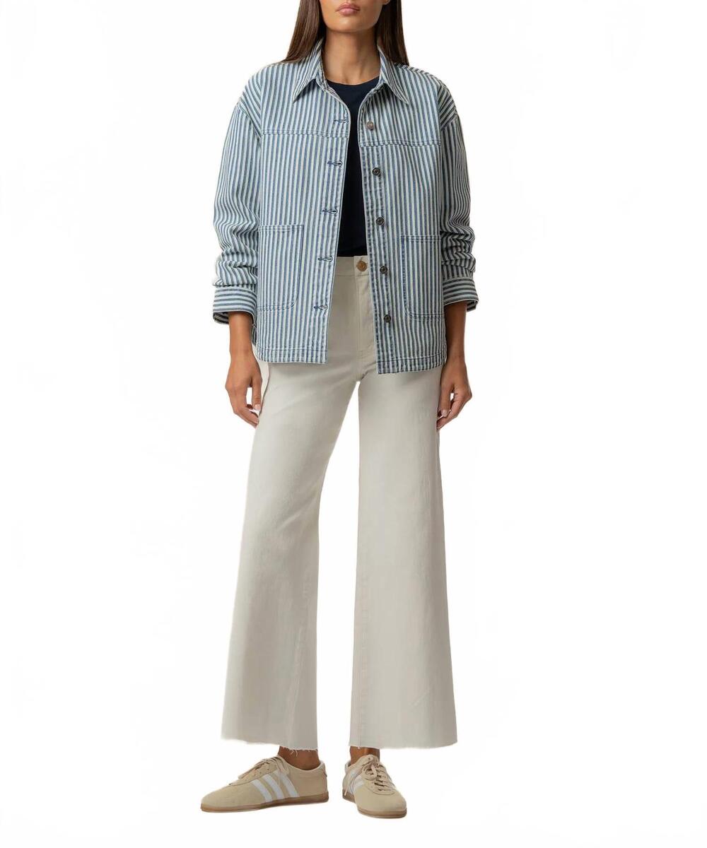 NEW KUT FROM THE KLOTH ellie stripe denim jacket in indigo/white